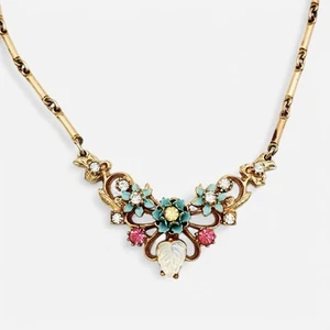 Vintage Enamel Spring Flowers Necklace Gold Floral Rhinestone Lucite Leaf - Picture 1 of 7