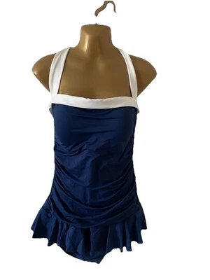Lauren Ralph Lauren Women's 16 One Piece Dress Swimsuit Navy Blue White Nautical - Image 1 of 4