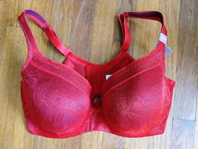 NOVO Sutiã Cacique Leve Forrado Balconette 42DD Underwire Vermelho Renda Ajustável - Imagem 1 de 4