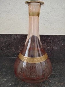 Pink Depression Glass Decanter With Gold Trim And Hexagon Glass Stopper - Picture 1 of 7