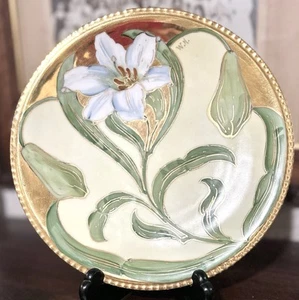 ANTICO PIATTO PORCELLANA LIMOGES FRANCIA ART NOUVEAU dipinto a mano giglio ORO DORATO - Foto 1 di 11