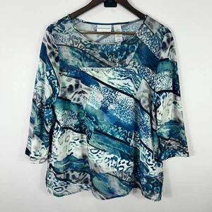 Top Alfred Dunner L Azul Estampado Animal Mixto Media Transparente Superposición Boho Resort - Imagen 1 de 5
