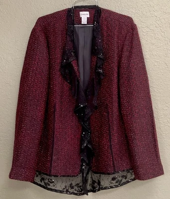 Chaqueta CHICOS Talla 3 XL Cuentas Negra Roja Tweed Gloriana Gasa Adornada Foto 1 de 3