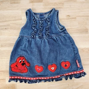 Vintage Clifford The Big Red Dog Jeanskleid Mädchen Größe 2T Herzen Blumen - Bild 1 von 10