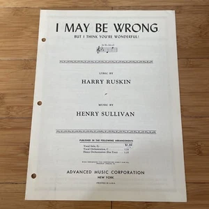Vintage Sheet Music - I May Be Wrong But I Think You're Wonderful - 1929 Ruskin - Picture 1 of 9