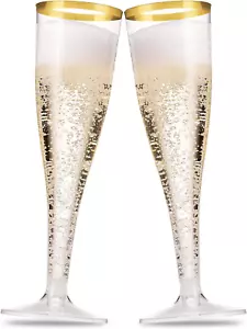 80 Pack Gold Rimmed Plastic Champagne Flutes 5 Oz Clear Plastic Toasting Glas... - Picture 1 of 1