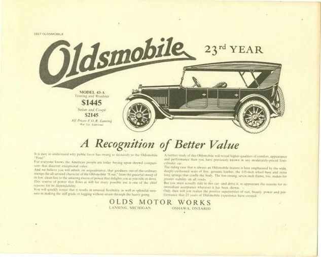 1917 Oldsmobile Model 43-A Automobile Advertisement Print 1970's Brown & Bigelow - Image 1 of 1