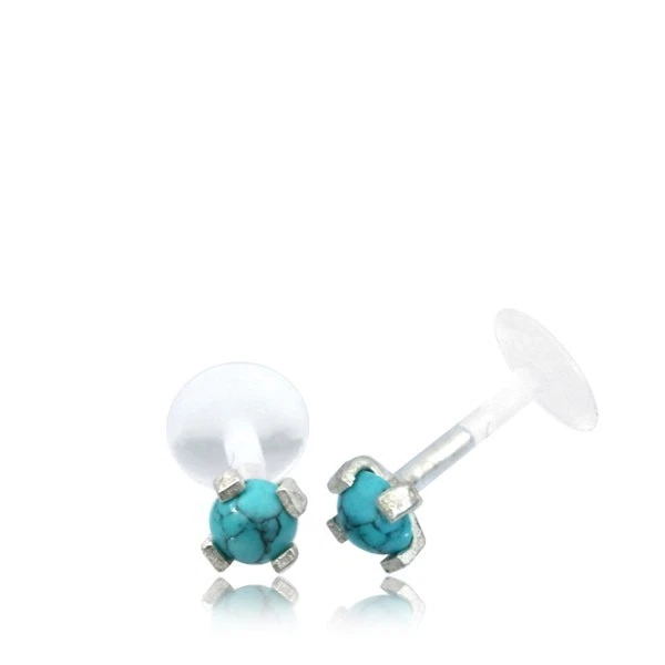 16G STERLING SILVER BIOPLAST LABRET FAUX TURQUOISE EAR LIP TRAGUS MONROE EARRING - Image 1 of 1