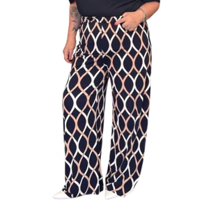 WOMENS TROUSERS LADIES PALAZZO PLUS SIZE GEOMETRIC PRINT ELASTIC WAIST WIDE LEG - Picture 1 of 8