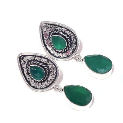 Natural Green Onyx Pear Gemstone Silver Overlay Handmade Drop Dangle Earrings - Image 1 of 3