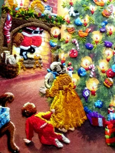 Vtg Handmade Framed Crewel Embroidery Picture Children Decorated Xmas Tree Santa - Picture 1 of 9