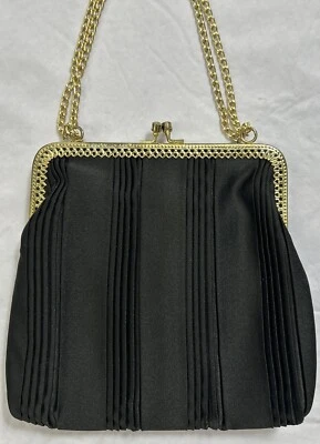 Bolso de Noche Vintage La Regale Enmarcado Dorado Kiss-Lock Satinado Correa de Cadena Negra Foto 1 de 4