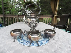 VINTAGE SILVER ON COPPER TEA SET WITH BURNER AND STAND. CROWN SYMBOL - Picture 1 of 14