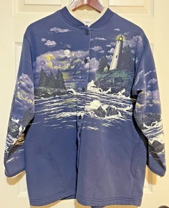 VTG 90s Artisans Sunschein Designs Cardigan Sweater Lighthouse Ocean Blue Large - Picture 1 of 14