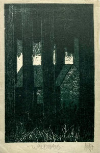 Hans. Christian Rüngeler, * 1957 , Holzschnitt " Waldhaus " 1987 - Bild 1 von 2