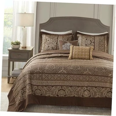  Bellagio Reversible Quilted Bedspread Set, Solid Oversized King Brown/Gold - Image 1 of 4