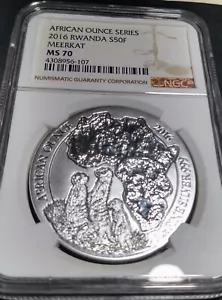 2016 RWANDA 50f AFRICAN OUNCE SERIES MEERKAT 1 OZ SILVER MS 70 NGC  - Picture 1 of 4