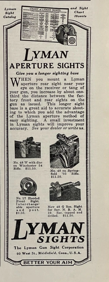 Miras de apertura Lyman 1928 anuncio impreso armas de fuego rifles pistolas Middlefield CT Foto 1 de 1