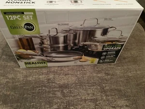 Greenpan 12-Piece Chatham Stainless Steel Ceramic Nonstick Cookware. Inspected - Picture 1 of 9