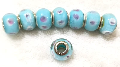 8件套蓝色带粉红色花朵穆拉诺灯具欧洲玻璃珠镀银 — 第 1/2 张图片