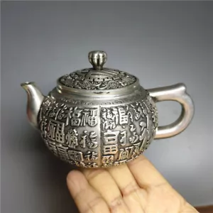 Retro Cupronickel Hundred Fu Pattern Teapot Kettle Antique Ornaments Wine Pot - Picture 1 of 8