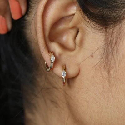 4x2mm Marquise Cut Natural Diamond Mini Hoops Earring in Solid 14k Yellow Gold - Image 1 of 4