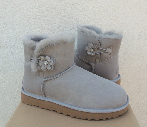 STIVALI UGG SEAL GREY MINI BAILEY PETAL BLING SCAMOSCIATI PELLE DI PECORA US 10 EUR 41 ~NUOVI