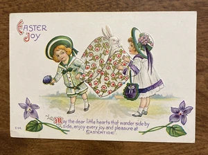 Antique Happy Easter Postcard Two Girls Carrying Box w/ Bunny Rabbit Old P6c - Picture 1 of 12
