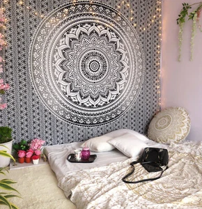 Black White Ombre Mandala Tapestry Indian WallHanging Decor Queen Bedspread Boho - Picture 1 of 9