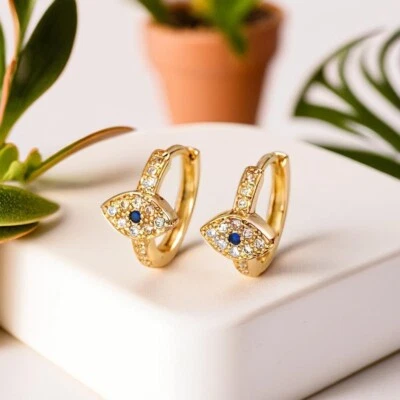 Gold Evil Eye Huggie Hoop Earrings, Clear Micro Pave CZ with Blue Irish. - Image 1 of 4