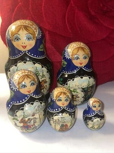 Vintage Russian Wood Nesting Dolls Hand Painted Signed 5 Piece - 5 in - Picture 1 of 10