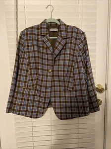 Vintage Liz Claiborne Brown Plaid Petite Size 1 Short Blazer Jacket Wool Blend - Picture 1 of 7