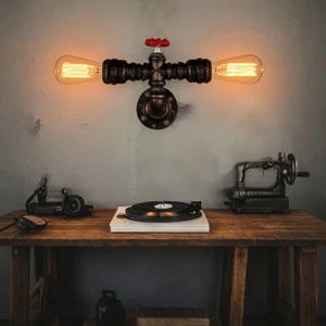 Vintage 2 Heads Wall Mount Light Steampunk Pipe Wall Lamp for Cafe Lighting - Picture 1 of 9