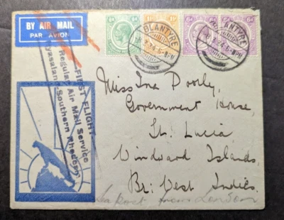1934 British Nyasaland Airmail First Flight Cover FFC Blantyre to St Lucia Foto 1 de 2