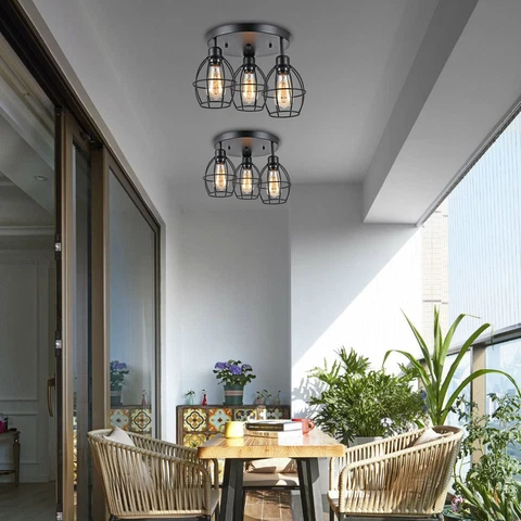 3-Light Ceiling Light Industrial Caged Semi Flush Mount Farmhouse Metal Lamp USA Cover