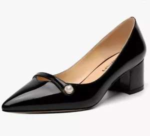 Womens Party Dress Slip On Patent Pointed Toe Chunky Low Heel Pumps Shoe - Picture 1 of 6