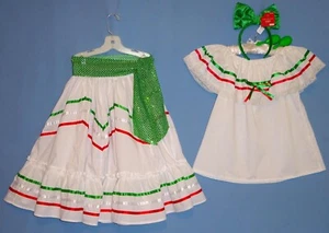 Mexican dress girls 8-10-12-skirt-blouse-Cinco de Mayo costume- maraca-sash-bow - Picture 1 of 9