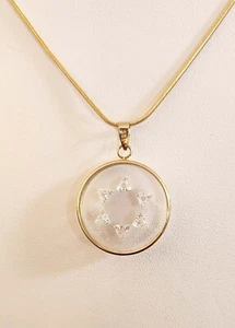 14K Gold Star Of David Pendant Gold Round Ring W/ Clear Glass & White Stones #65 - Picture 1 of 2