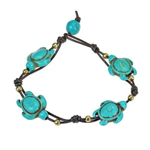 Adorable Swimming Sea Turtle Stones Leather Bracelet - Picture 1 of 4