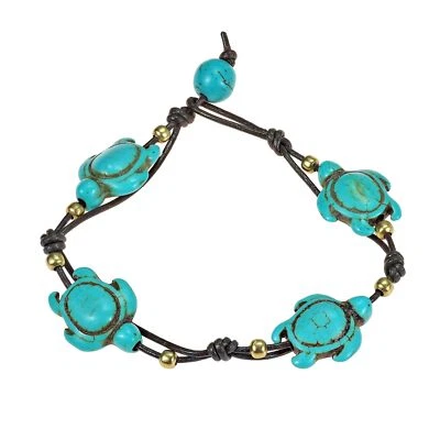 Adorable Swimming Sea Turtle Stones Leather Bracelet - Image 1 of 4