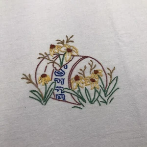 New Hand Embroidered Dish/Tea Towel (27"x19") Flowers Coffee Can Farmhouse - Picture 1 of 5