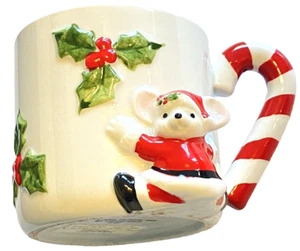 Vintage Fitz & Floyd Christmas Mouse Mug 3D Coffee Cup Candy Cane Handpainted - Picture 1 of 13