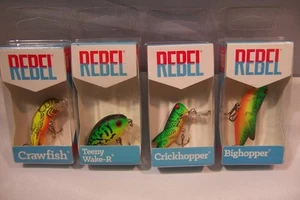 4 pc REBEL FISHING LURES CRAWFISH TEENY WAKE-R CRICK HOPPER BIG HOPPER ALL NEW - Picture 1 of 3