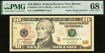 2004A $10 FRN PMG Gem 68EPQ - Fancy Radar Serial Number 09000090 - Image 1 of 3