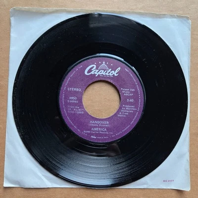 AMERICA Hangover/One In A Million 45 7" Record Vinyl Records - Image 1 of 2