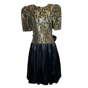 Vintage 80s Miss Dorby Gold Lace Black Satin Dress Bow Tulle Party Size M/L - Picture 1 of 9