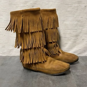 Minnetonka Women’s 3-Layer Fringe Brown Suede Leather Boots Size 8 - Picture 1 of 20