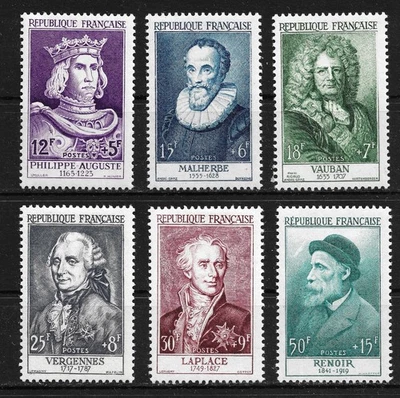 ФРАНЦИЯ 1955 ЗНАМЕНИТОСТИ XII ВЕКА ПОЛУ-ПОЧТОВЫЙ НАБОР YVERT #1027-1032 MVLH - Изображение 1 из 2