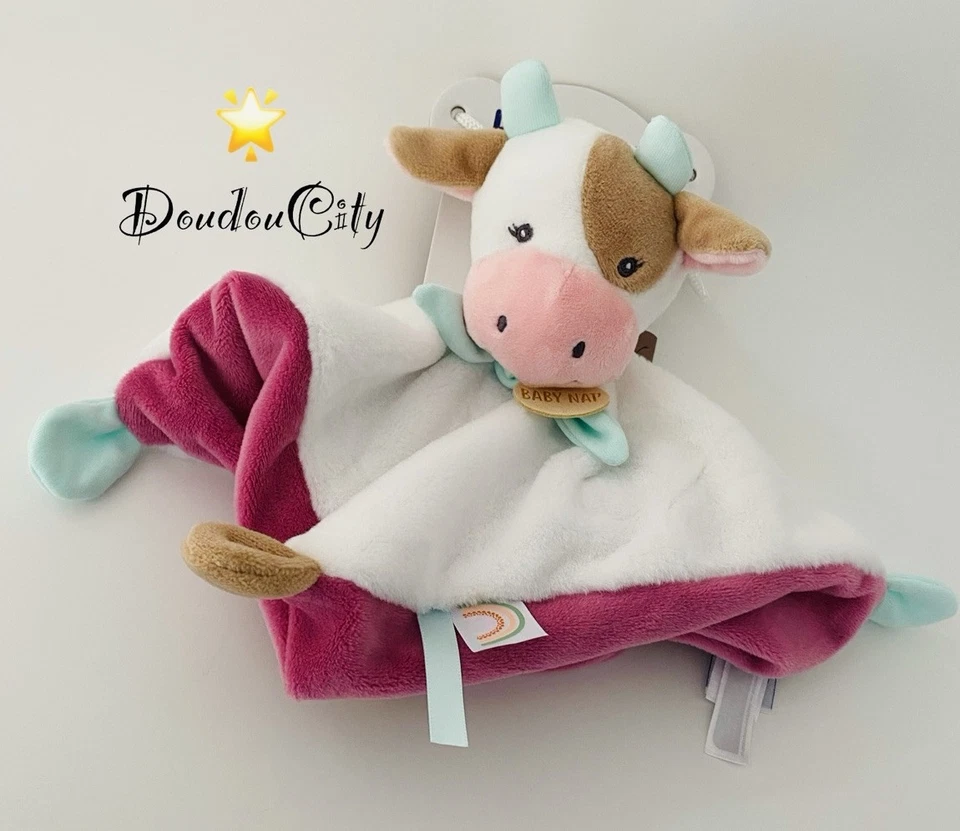 4590🌟Doudou Plat Mouchoir BABY NAT' Babynat Vache Cow Blanc Rose Pistache - Photo 1/3