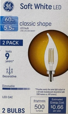 2 GE 60-Watt Clear Soft White Flame Tip CAC LEDs w/Candelabra Base - Image 1 of 4